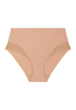 Culotte taille haute beige pour femme avec bordure en dentelle aux ouvertures des jambes et un petit charm en or décoratif au centre de la ceinture.