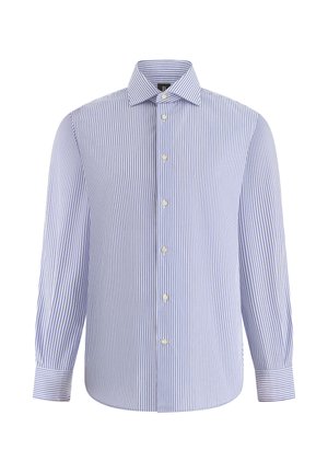 Chemise à manches longues avec boutons, rayures verticales bleues et blanches, col pointu et poignets boutonnés.