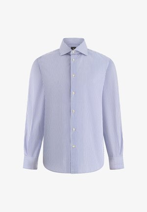 Chemise à manches longues avec boutons, rayures verticales bleues et blanches, col pointu et poignets boutonnés.