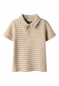 Kortärmad polo i randig mönster, med färgerna orange och vitt, mjukt tyg och treknapplist.