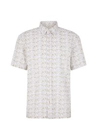 Kurzarm-Hemd mit Knopfverschluss in Weiß mit einem beigen Blattmuster. Leichte Stoffqualität mit Kragen und einem kleinen Logo-Akzent nahe dem Saum.