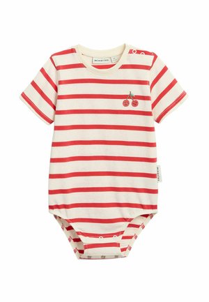 Baby-Body mit kurzen Ärmeln, rot-weiße Querstreifen und kleine gestickte Kirschen auf der Brust, Druckknöpfe am unteren Saum.