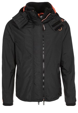 Black zip-up jacket with high collar, Velcro shoulder flap, orange lining, front pockets, and ribbed cuffs on long sleeves.