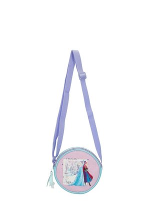 Bolso de hombro redondo para niños en rosa y azul con correa morada ajustable y personajes de Frozen Elsa y Anna impresos en la parte delantera.