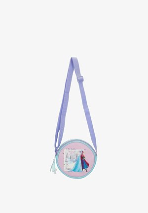 Bolso de hombro redondo para niños en rosa y azul con correa morada ajustable y personajes de Frozen Elsa y Anna impresos en la parte delantera.