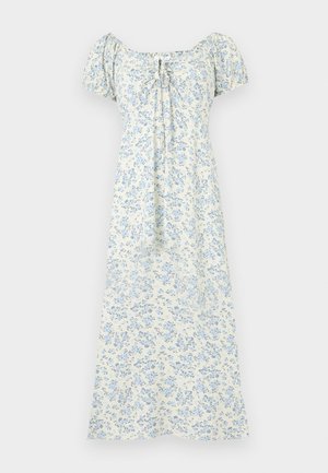 Λευκό midi φόρεμα με ανοιχτό μπλε λουλουδάτο σχέδιο, κοντά φουσκωτά μανίκια, στρογγυλή λαιμόκοψη με πιέτες και λεπτομέρεια με δέσιμο μπροστά.