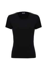T-shirt nera a maniche corte con scollatura tonda, dotata di sottili dettagli sulle spalle, realizzata in morbido tessuto di cotone, ideale per l'abbigliamento casual.