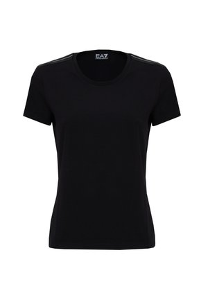 T-shirt nera a maniche corte con scollatura tonda, dotata di sottili dettagli sulle spalle, realizzata in morbido tessuto di cotone, ideale per l'abbigliamento casual.