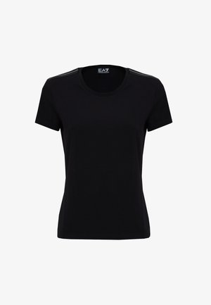 T-shirt nera a maniche corte con scollatura tonda, dotata di sottili dettagli sulle spalle, realizzata in morbido tessuto di cotone, ideale per l'abbigliamento casual.