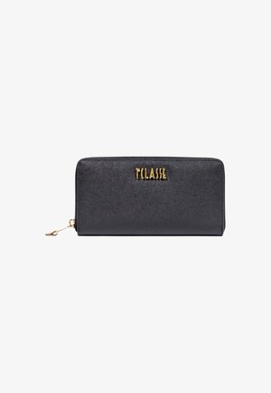 Billetero negro texturizado con cremallera de oro y logo "T CLASSE" en oro sobre un fondo blanco.