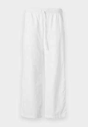 Weiße, strukturierte, weit geschnittene Hosen mit einem elastischen Bund und verstellbarem Kordelzug. Einfaches, minimalistisches Design ohne Verzierungen.