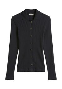 Svart ribbad långärmad kardiagan med krage och sju svarta knappar framtill.