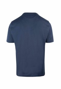 T-shirt in cotone blu navy con collo rotondo e maniche corte, caratterizzato da una texture liscia e una parte posteriore semplice senza grafiche o motivi.