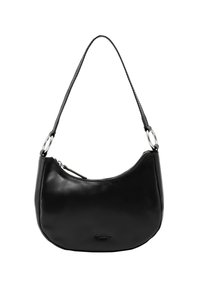 Juodas odinis delninukas su viena viršutine užtrauktuku, trumpa petneša, pritvirtinta sidabro žiedais, ir subtiliu prekės ženklo logotipu priekyje.