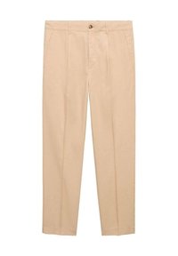 Pantalons beiges ajustés avec front plat, deux poches latérales, passants de ceinture et une fermeture à bouton unique, fabriqués à partir d'un tissu lisse.