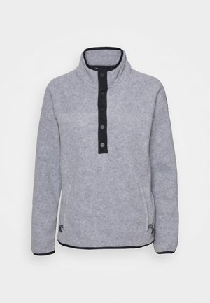 Light gray fleece pullover with black trim, high collar, front snap buttons, long sleeves, and zippered side pockets.