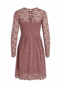 Robe en dentelle mauve avec manches longues transparentes, taille ajustée, encolure ronde, dos découpé en trou de serrure et ourlet festonné.