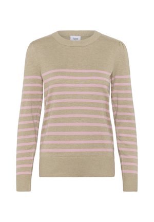 Beige josta ar garām piedurknēm, apaļu kakla izgriezumu un maiņus rozā un beige horizontālām svītrām. Mīksta adījuma tekstūra, ribota apkakle un apakšmala.