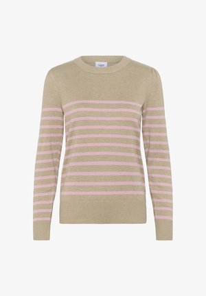 Beige josta ar garām piedurknēm, apaļu kakla izgriezumu un maiņus rozā un beige horizontālām svītrām. Mīksta adījuma tekstūra, ribota apkakle un apakšmala.