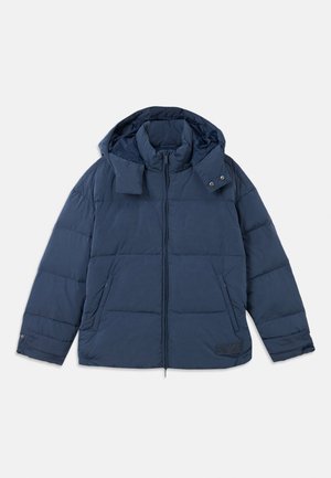 Navy blue puffer jacket with a hood, featuring a zippered front, elastic cuffs, and two side pockets. Soft fabric with quilted texture.