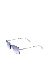 Lunettes de soleil rectangulaires sans monture avec des branches fines en métal argenté et des verres dégradés bleus reposant sur une surface blanche.