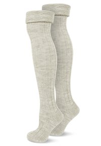 Helle graue kniehohe Socken mit einer gerippten Textur und einem gestrickten Umschlagbund. Hergestellt aus weichem Material, mit dezenten Farbvariationen.