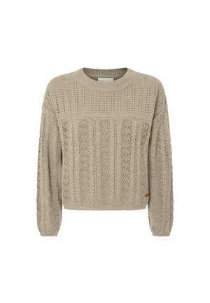 Beiger gestrickter Pullover mit Rundhalsausschnitt, strukturiertem Muster und langen Ärmeln. Verfügt über eine verkürzte Silhouette und ein dezentes Logo-Detail.