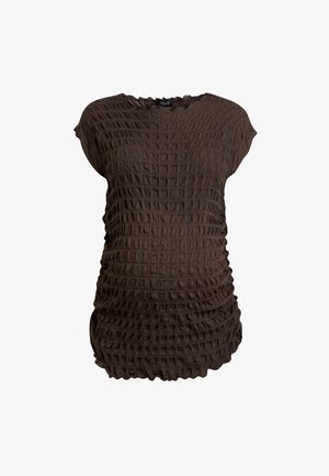 Brown, textured top with a crinkled pattern, short sleeves, and gathered sides for a fitted style, made from lightweight fabric.