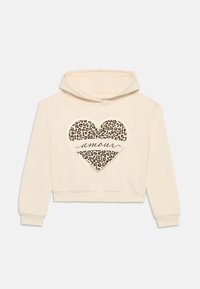 Cremfarbener, gekürzter Hoodie mit Kapuze, der ein Herzdesign mit Leopardenmuster und dem Wort "amour" in der Mitte aufweist. Weicher Stoff.