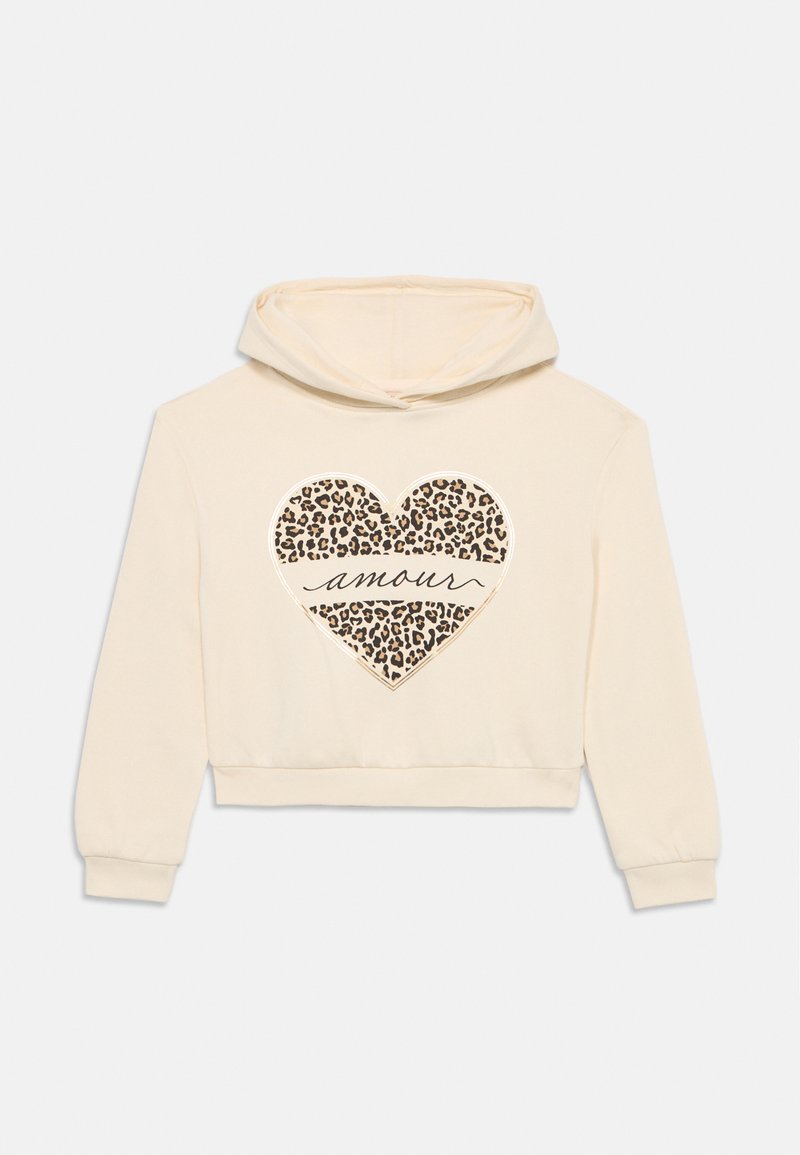 Cream-colored cropped hoodie with a hood, featuring a heart design with leopard print and the word "amour" across the center. Soft texture.