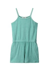 Lichtgroene badstof romper met spaghettibandjes, een elastische tailleband en zijzakken; zachte textuur en casual ontwerp.