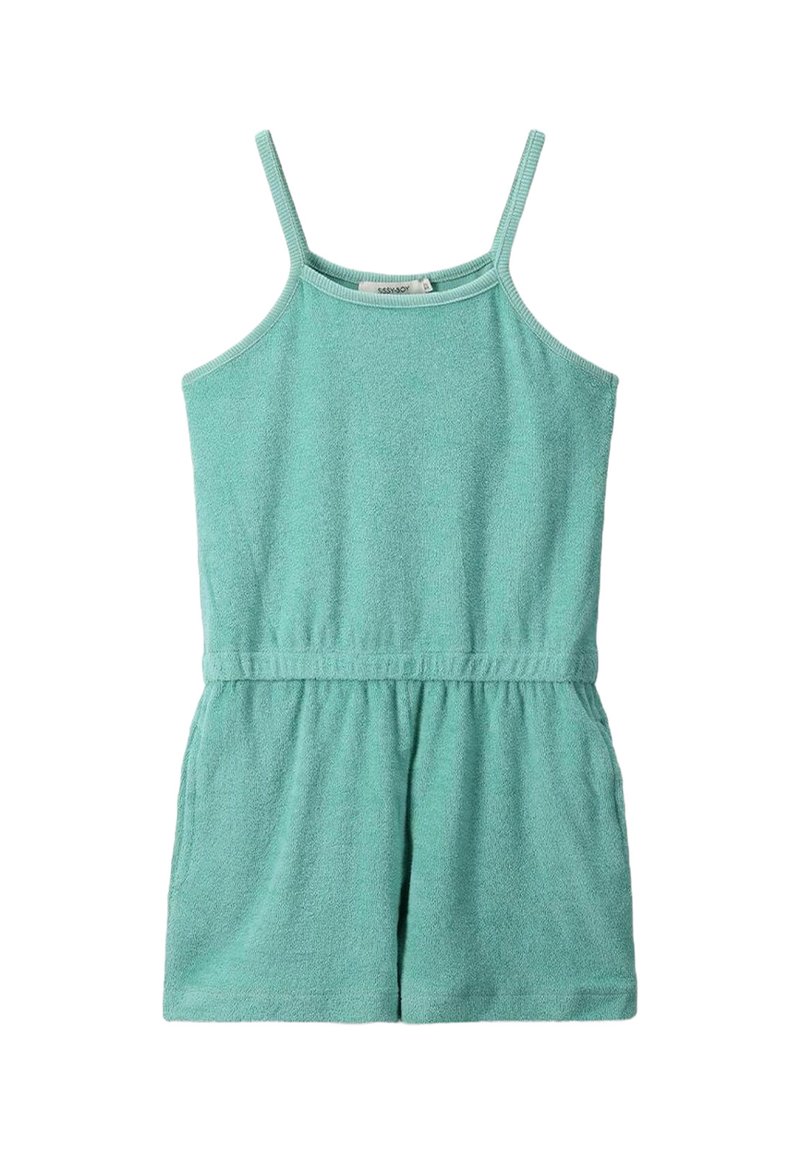 Lichtgroene badstof romper met spaghettibandjes, een elastische tailleband en zijzakken; zachte textuur en casual ontwerp.