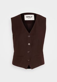 Brun ærmeløs vest med V-hals, med fem knapper foran og to sidelommer. Fremstillet af glat stof med en skræddersyet pasform.