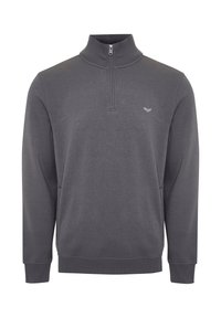 Grauer Halbzip-Pullover aus weichem Stoff. Verfügt über einen Stehkragen, lange Ärmel und eine dezente Logo-Akzentuierung auf der Brust. Sanfte Textur.