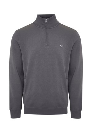 Grijze half-zip pullover van zacht materiaal. Kenmerkt zich door een hoge kraag, lange mouwen en een subtiele logo-accent op de borst. Glad textuur.