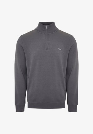 Grijze half-zip pullover van zacht materiaal. Kenmerkt zich door een hoge kraag, lange mouwen en een subtiele logo-accent op de borst. Glad textuur.