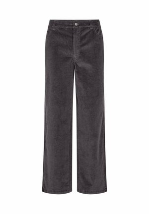 Pantalones de pana gris oscuro de pierna recta con botón frontal, cierre de cremallera y bolsillos en ambos lados.