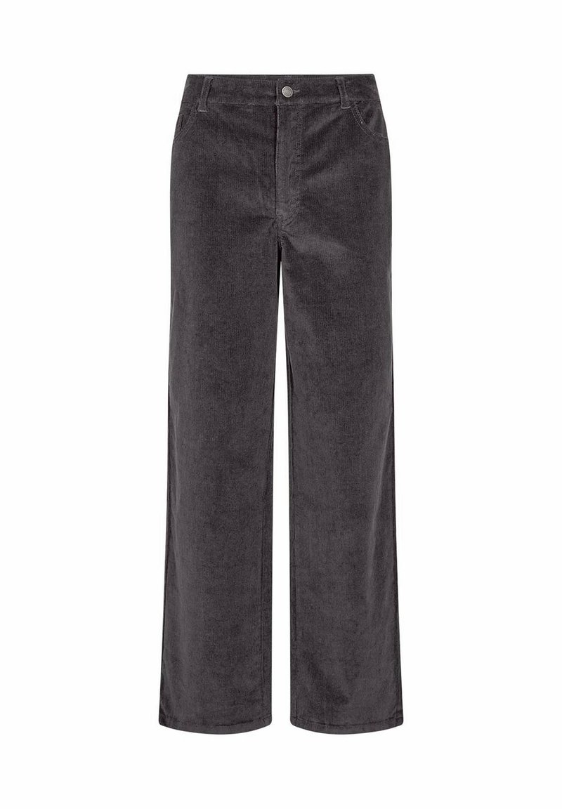 Pantalon droit en velours côtelé gris foncé avec bouton à l'avant, fermeture éclair et poches des deux côtés.