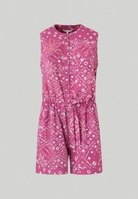 Ärmlös jumpsuit i rosa tyg, med vita geometriska och blommiga mönster, rund halslinning, framknäppning med knappar och elastisk midja.