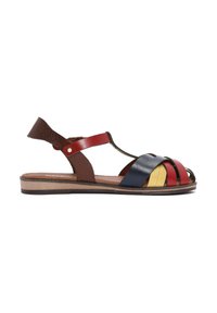 Leather sandal with a flat sole, featuring multicolored woven straps in red, yellow, and navy, with a brown ankle strap.