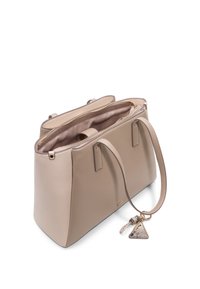 Beige leather handbag with a structured design, zip closure, and dual handles. Features a decorative charm with a triangular and a snake pattern.