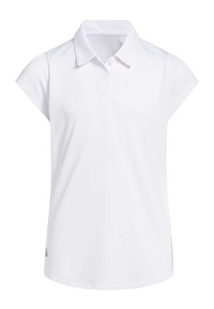 Camiseta tipo polo blanca de manga corta con cuello y tres botones, vista desde el frente sobre un fondo liso.