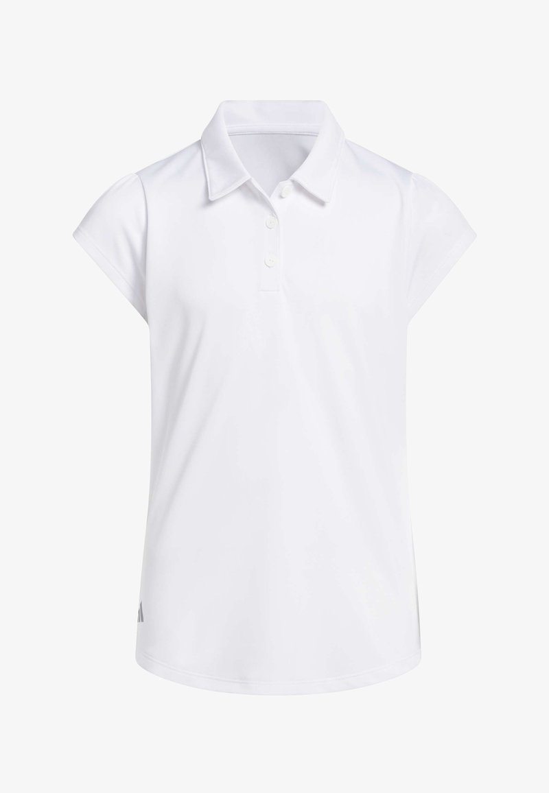 Polo blanc à manches courtes avec col et trois boutons, présenté de face sur un fond uni.