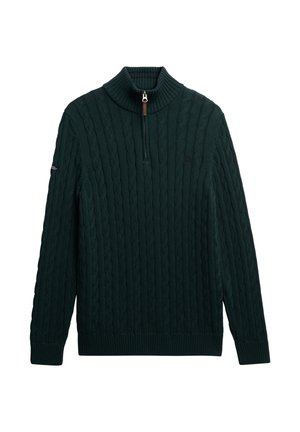 Mørkegrøn kabelstrikket sweater med høj krave, halv lynlås og ribbet manchetter; lavet af tekstureret strikket materiale.