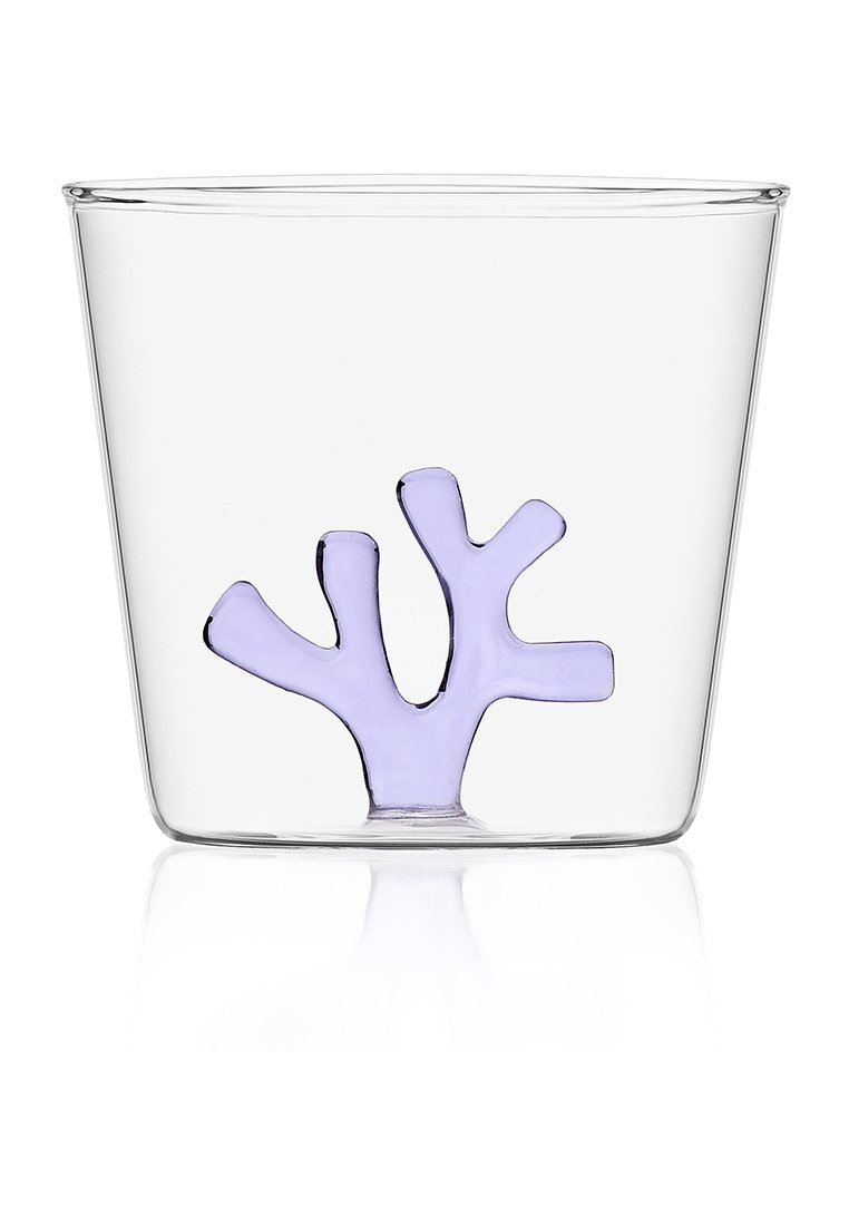 Szklany pojemnik o przezroczystej konstrukcji i fioletowym akcentem w kształcie korala u podstawy. Gładkie krawędzie, cylindryczna forma i błyszczące wykończenie.