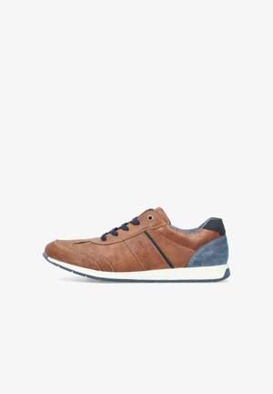 Brown leather sneaker with navy accents, lace-up design, textured finish, and a white rubber sole. Features logo detail on the side.