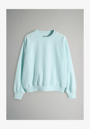Lichtblauwe sweatshirt met raglanmouwen, geribde manchetten en zoom. Soepele textuur, ronde hals en licht geplooid ontwerp bij de mouwen.