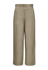 Pantalon large en lin beige avec taille smockée élastique et ourlets retroussés, conçu pour une coupe décontractée.