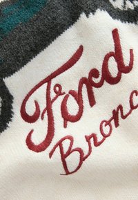 Kudumaterjal, millel on punane broderitud tekst "Ford Bronco" kreemival taustal, mida täiendab tumehall ja teelrohelised aksendid.