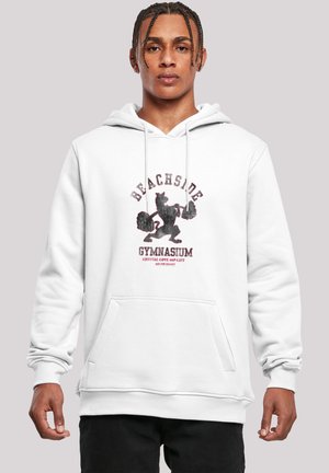 Weißer Kapuzenpullover mit einer vorderen Tasche und einem Druckmotiv eines Gewichthebers. Das Design beinhaltet den Text "BEACHSIDE GYMNASIUM".